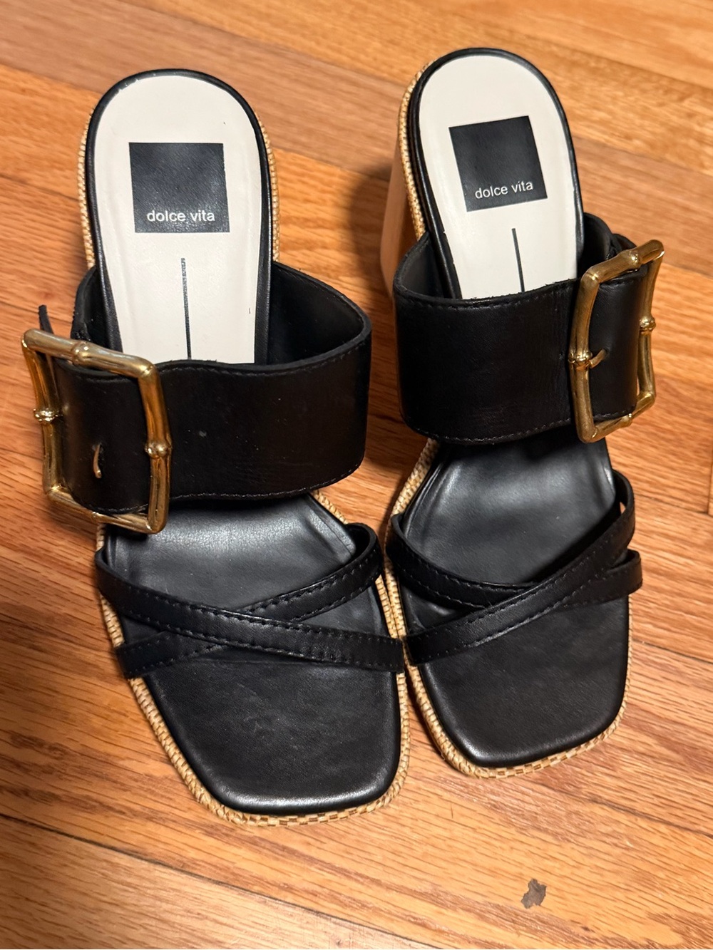 Dolce Vita Black Slide Mules with Gold Buckle